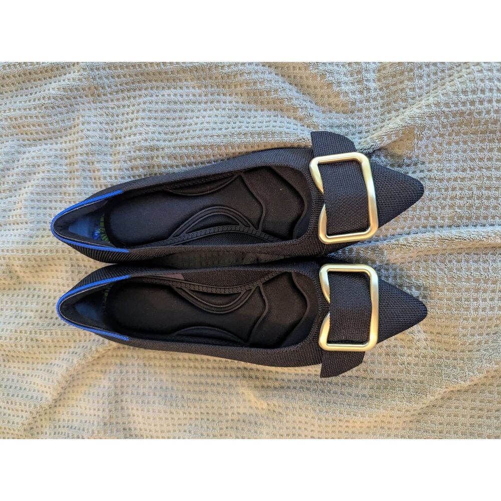 Black Pointed Toe Ballet Flats with Gold Buckle